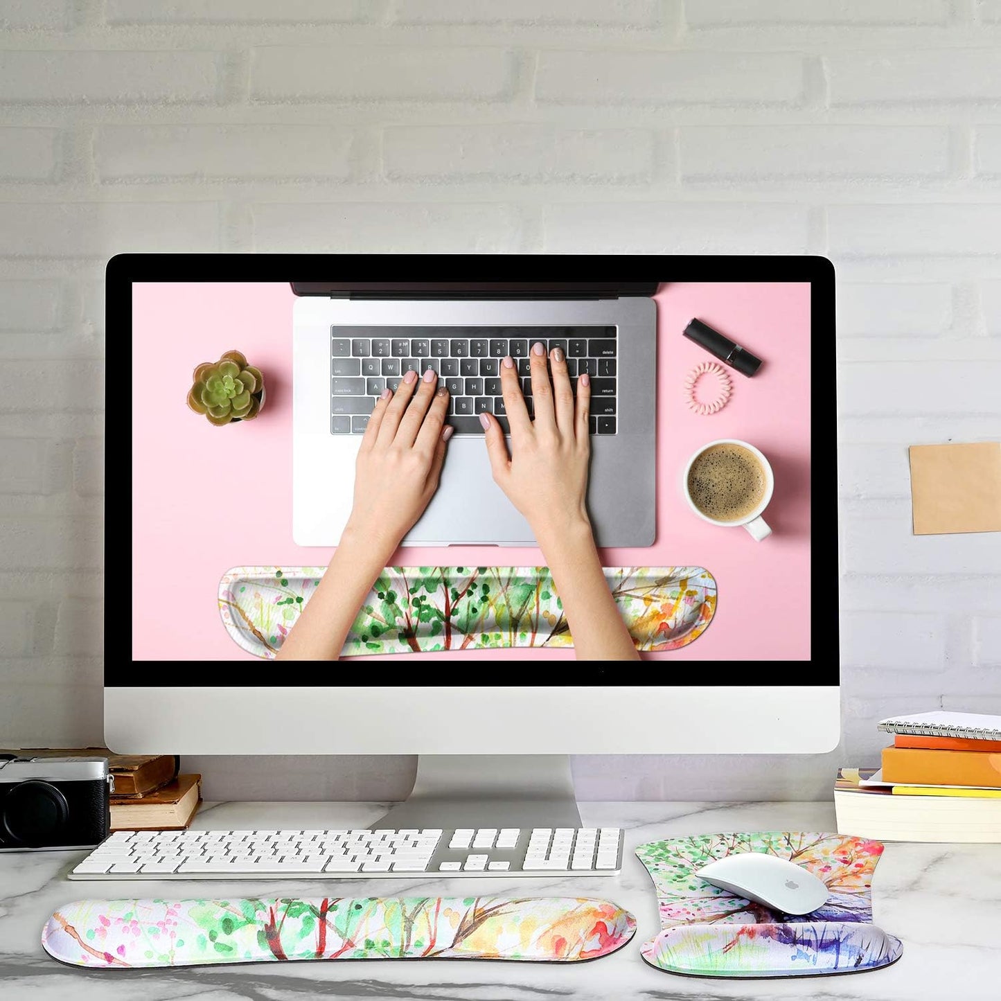 Ergonomic Mouse Pad with Wrist Rest Support and Keyboard Wrist Rest Pad, Cute Wrist Pad with Non-Slip Rubber Base and Raised Memory Foam, Easy Typing & Pain Relief, Four Seasons Tree
