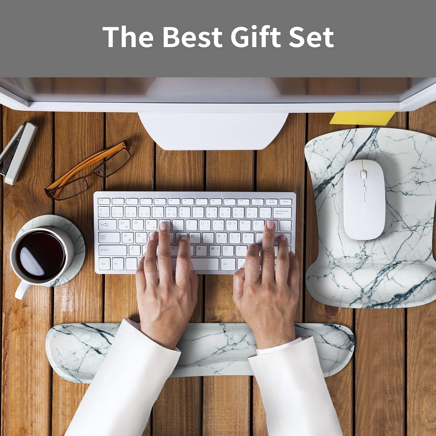 Wrist Rest Support Ergonomic Mouse Pad & Keyboard Set Memory Foam Non-Slip Rubber Base Cute Mouse Mat Coaster for Home,Computer,Office Easy Typing and Relieve Wrist Pain - White Marble