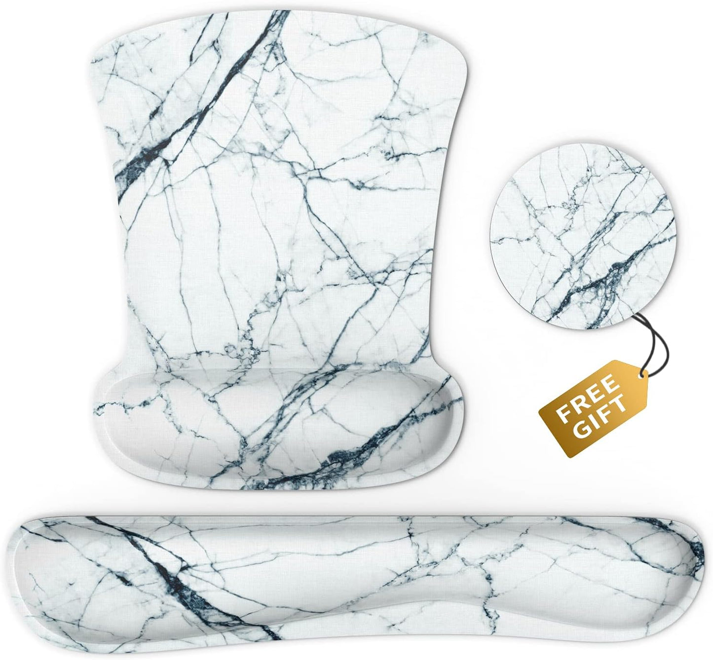 Wrist Rest Support Ergonomic Mouse Pad & Keyboard Set Memory Foam Non-Slip Rubber Base Cute Mouse Mat Coaster for Home,Computer,Office Easy Typing and Relieve Wrist Pain - White Marble