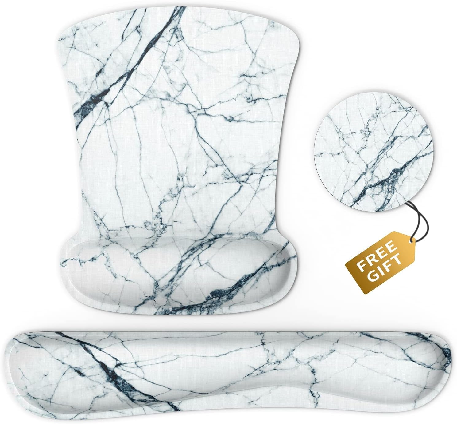 Wrist Rest Support Ergonomic Mouse Pad & Keyboard Set Memory Foam Non-Slip Rubber Base Cute Mouse Mat Coaster for Home,Computer,Office Easy Typing and Relieve Wrist Pain - White Marble