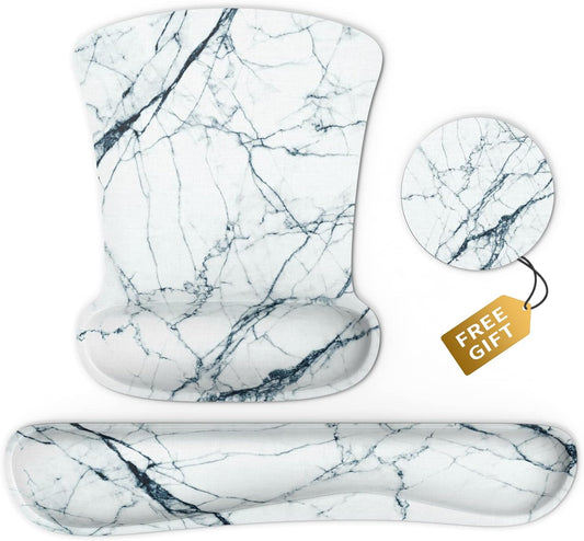 Wrist Rest Support Ergonomic Mouse Pad & Keyboard Set Memory Foam Non-Slip Rubber Base Cute Mouse Mat Coaster for Home,Computer,Office Easy Typing and Relieve Wrist Pain - White Marble